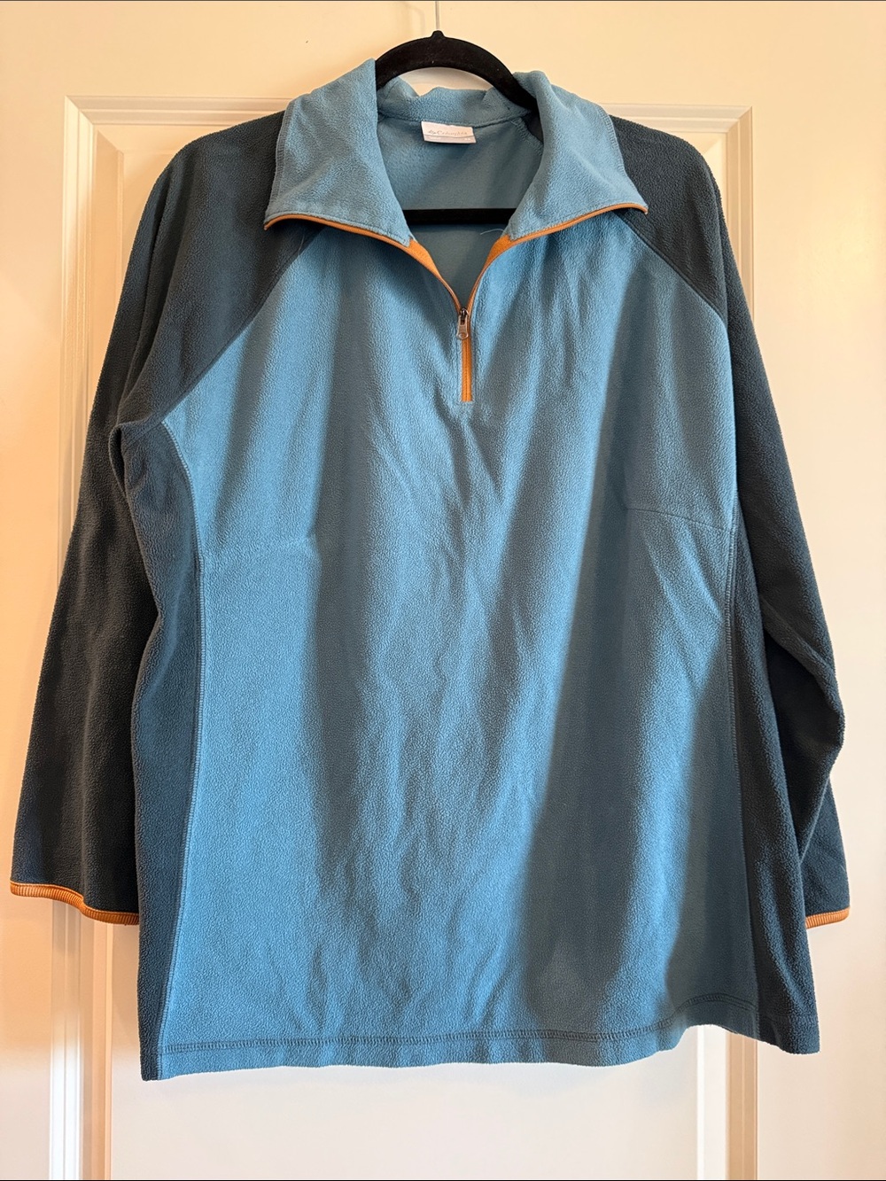 Columbia Women's Light Blue and Dark Teal Quarter-Zip Fleece with Orange Trim